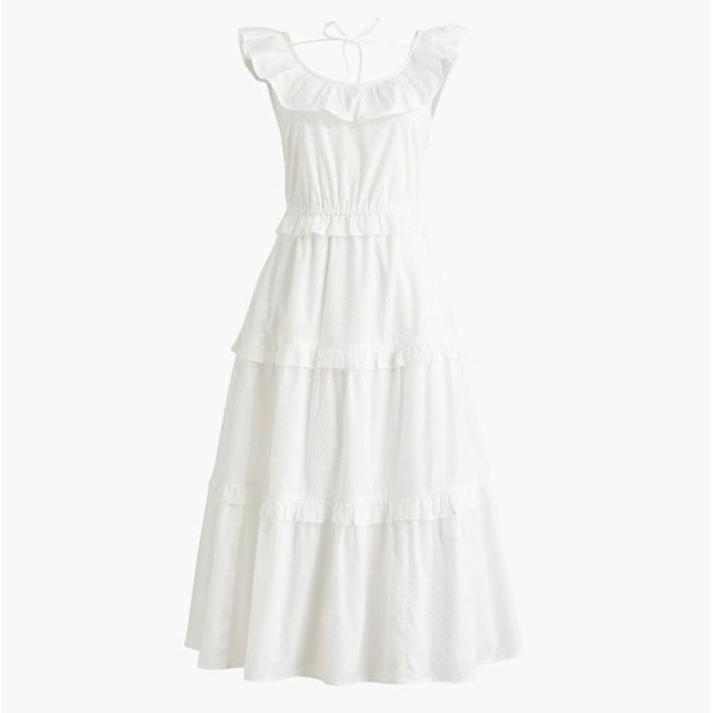 J.Crew White Eyelet tiered Midi‎ Swiss Dot Dress Sleeveless Summer Size 6P